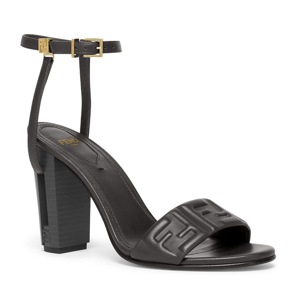 Fendi Delfina Sandal 95mm Black Leather FF Logo Ankle Strap Block Heel 36.5